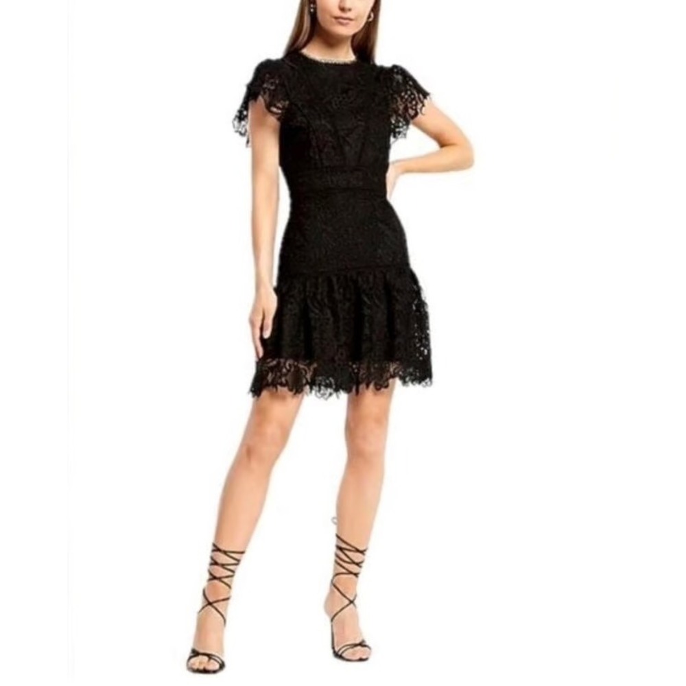 (CL) Express Black Floral Lace Flutter Sleeve Tiered Ruffle Mini Dress 00